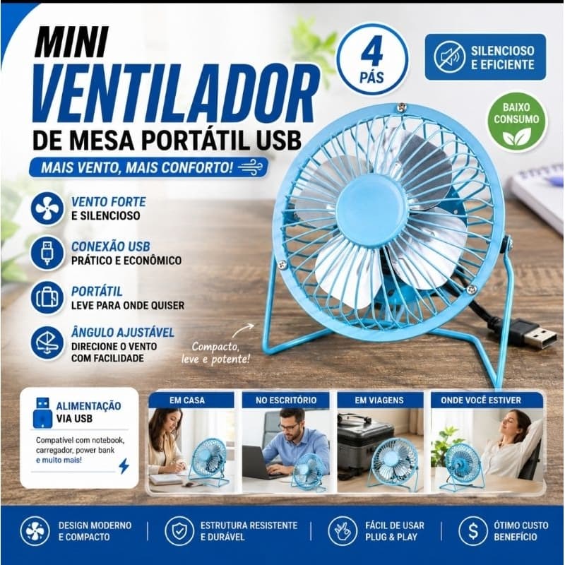 Mini Ventilador De Mesa USB Preminum Metal Portátil 145MM Compacto 4 Pás Marca Oasis