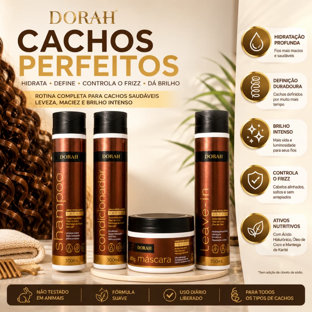 Kit Dorah Cachos Shampoo + Condicionador + Máscara + Leave-in - Hidratação Anti-Frizz Coco e Karité