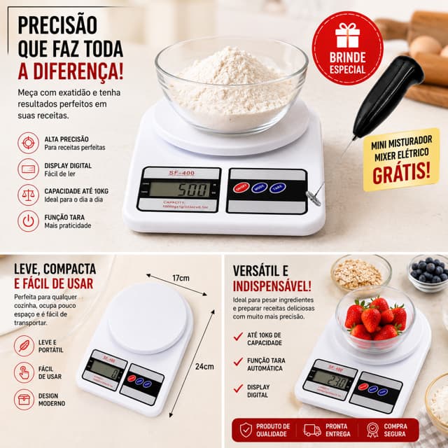 Balança Digital para Cozinha com Alta Precisão até 10kg e Função Tare