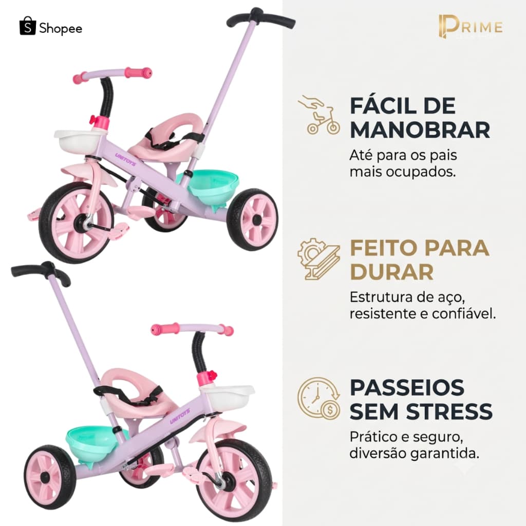 Triciclo Infantil Com Empurrador Removivel Passeio Cesta Candy Rosa Criança Bicicleta Ar Livre