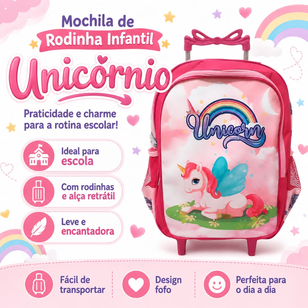 Mochila Infantil Menina Escolar C/Rodinha Tamanho Grande Unicornio Mochila de Rodinha Feminina Rosa