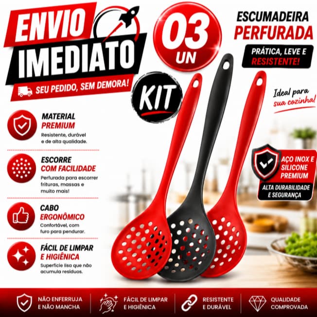 KIT 03 Escumadeira de Silicone Premium Resistente Alta Temperatura 230° Casa Cozinha