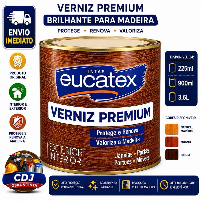 Verniz Brilhante Eucatex para Madeira 225ml 900ml 3,6L | Imbuia, Mogno, Natural e Marítimo
