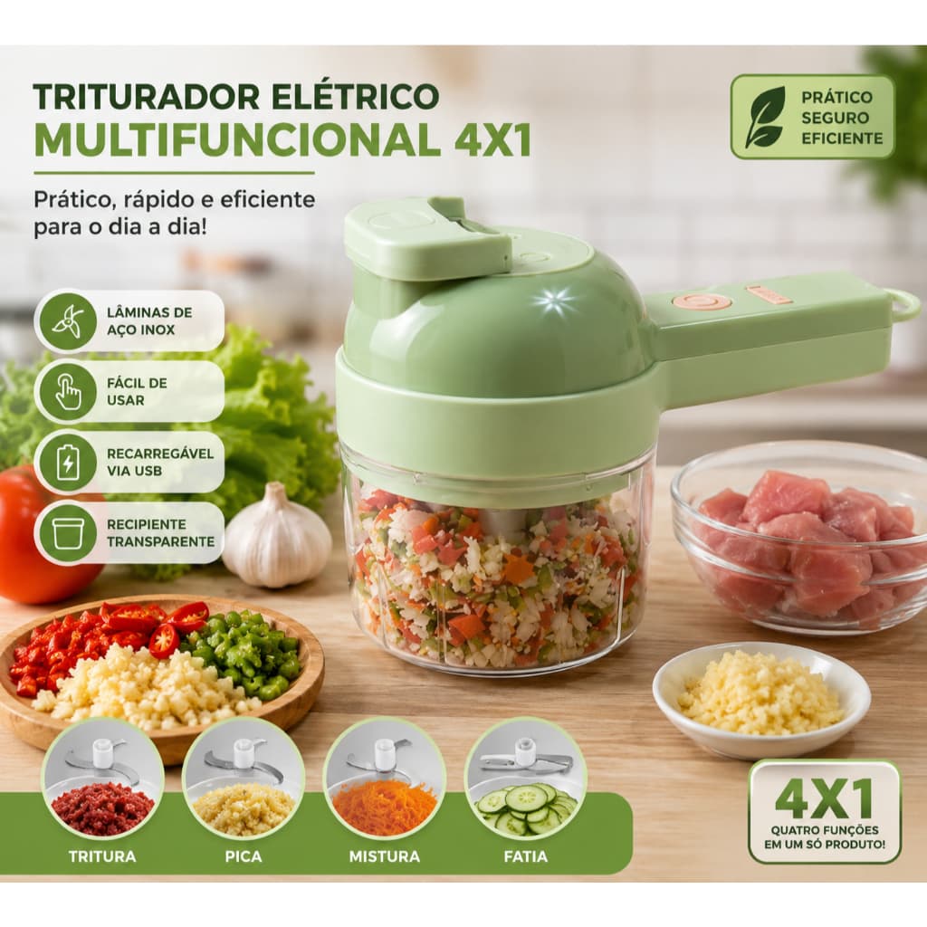 Triturador Elétrico Multifuncional 4 em 1 Cortador de Alimentos Verde