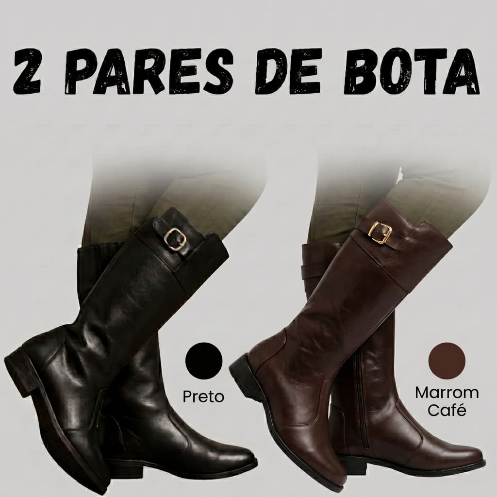 KIT 2 Pares Bota Monalisa Feminina Cano Alto Preta e Café Couro Sintético Salto Confortável Moda