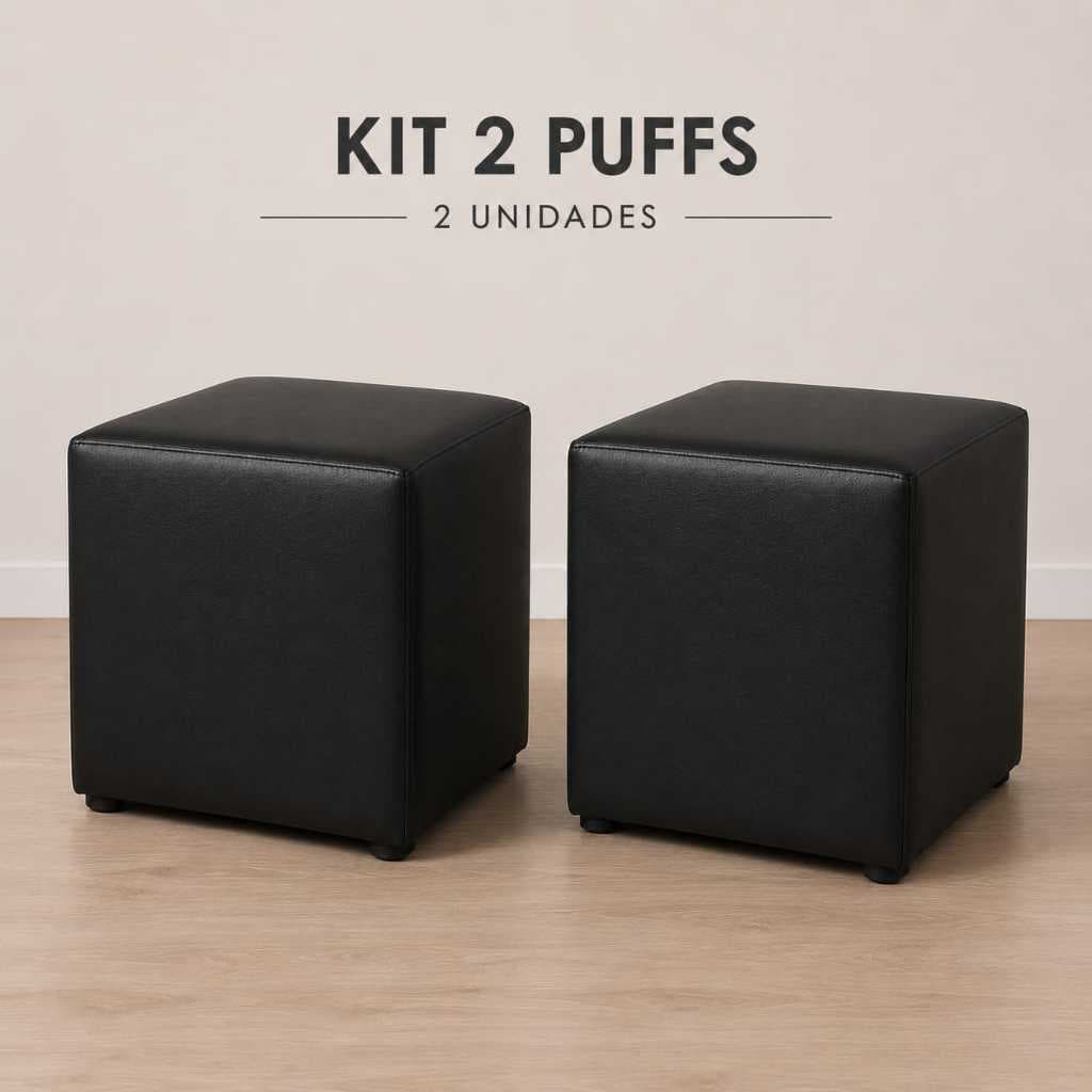 Kit 2 Unidades Puff Quadrado Em Couro Sintético Grande e Confortável 45cm de altura