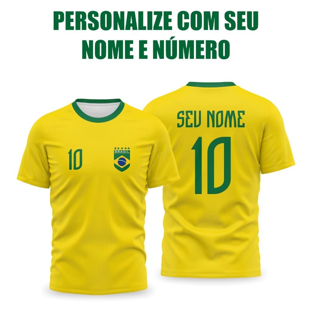 Camisa Camiseta Unissex Brasil Futebol Personalizada Nome e Número Estilosa Moderna Confortável