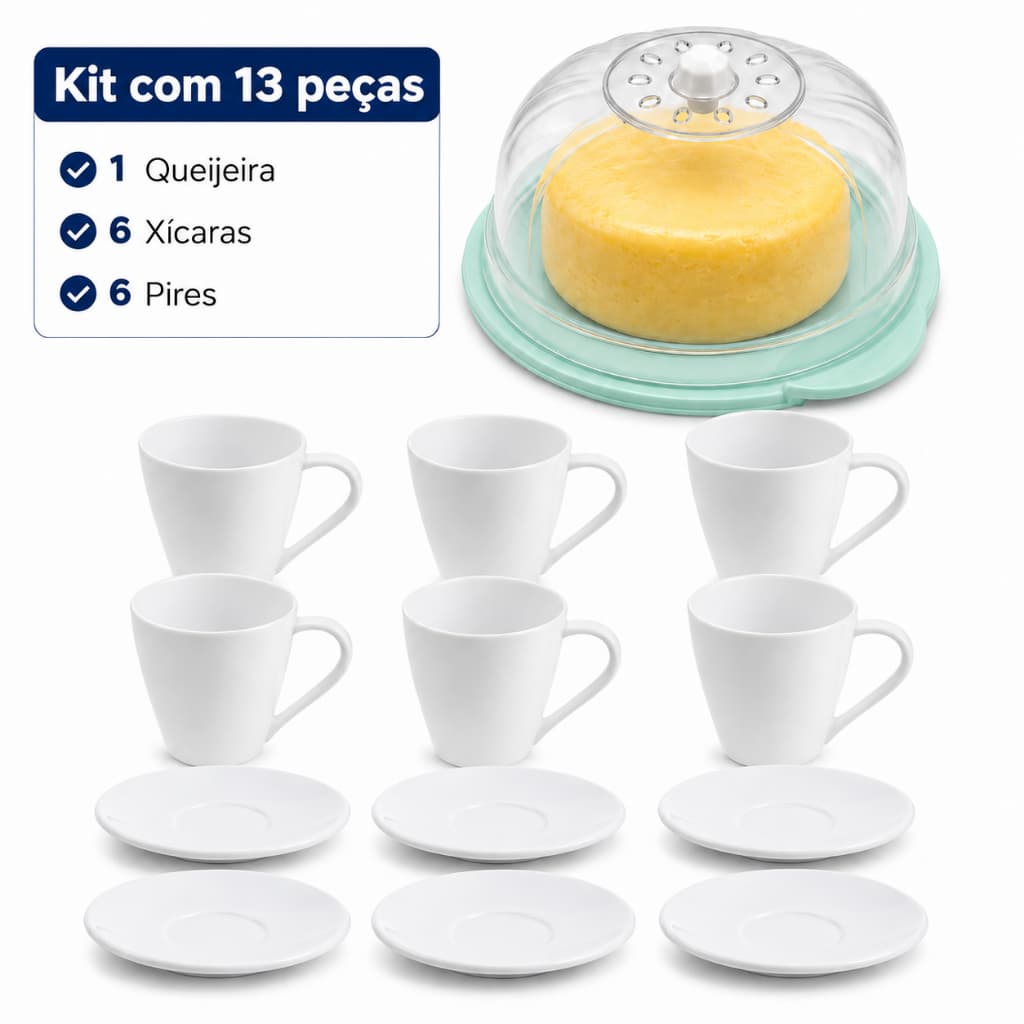 Conjunto Café da Manhã 13 Peças Ercaplast Kit Servir Café Queijeira + Jogo de Xícaras com Pires
