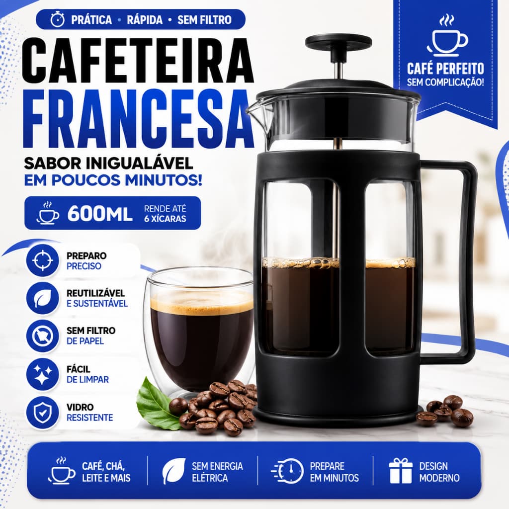 Cafeteira Prensa Francesa 600ml Premium Filtro Inox Reutilizável Café Chá Espumador de Leite - MZ
