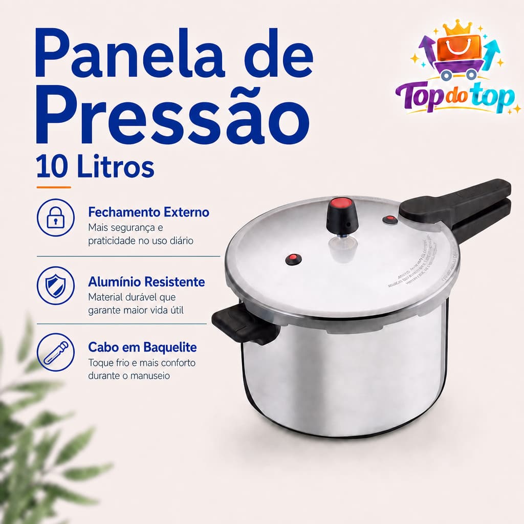 Panela de Pressão 10 Litros Fechamento Externo Alumínio Polido 2 Válvulas de Segurança