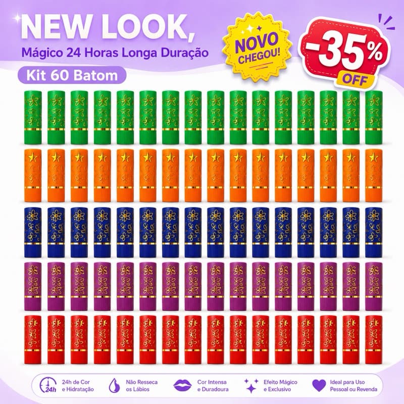 Kit 60 Batom Mágico 24H 💋 Novo Visual • Alta Rotatividade • Ideal para Revenda