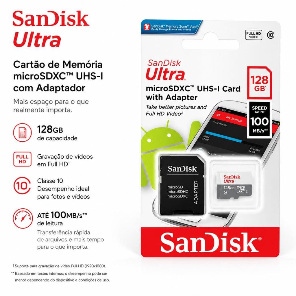 Cartão de memória SanDisk 128GB Classe 10 Com Adaptador Original