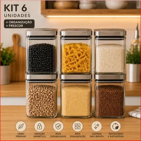KIT 3 OU 6 UNIDADES Pote Hermético Vidro 1,8L Tampa Inox Organizador Mantém Alimentos Frescos