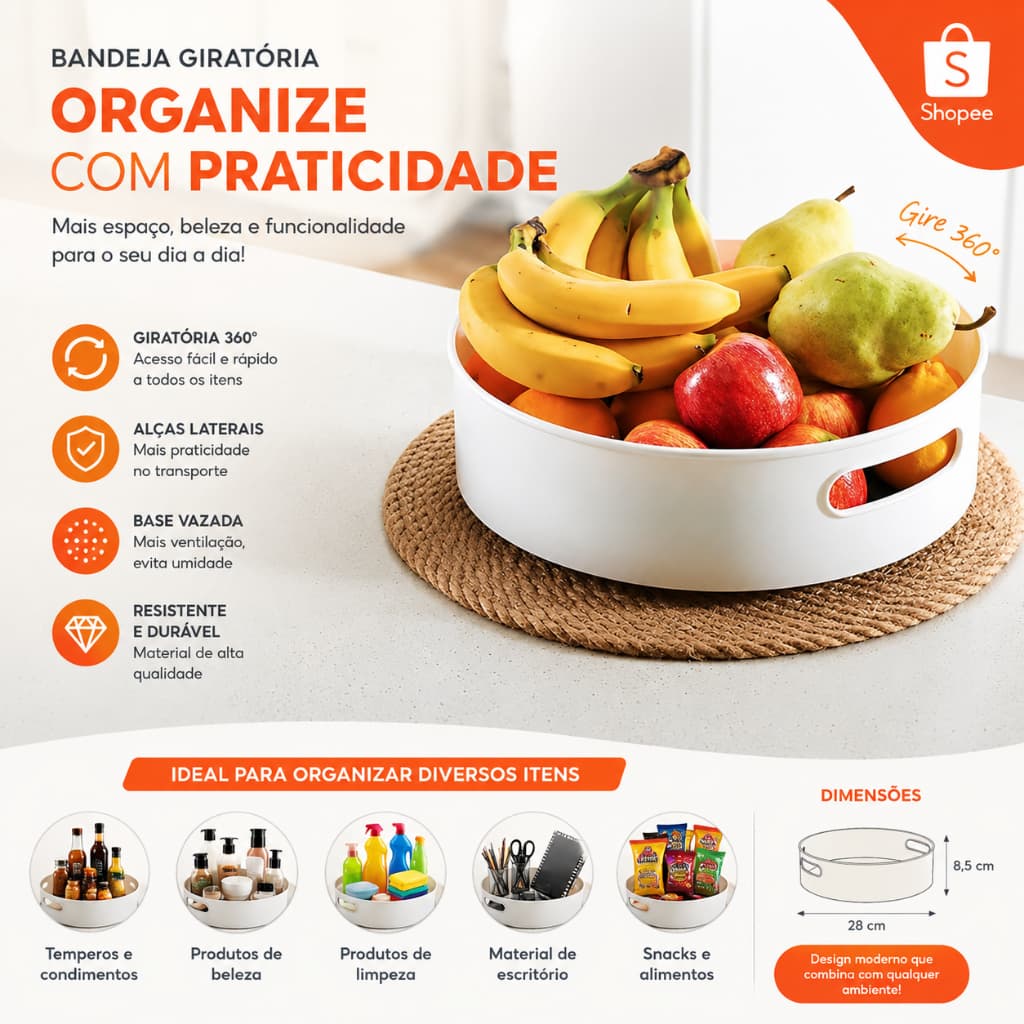 Bandeja Giratória Organizadora 360° Multiuso Plástica para Temperos Maquiagem Cosméticos Banheiro e Cozinha