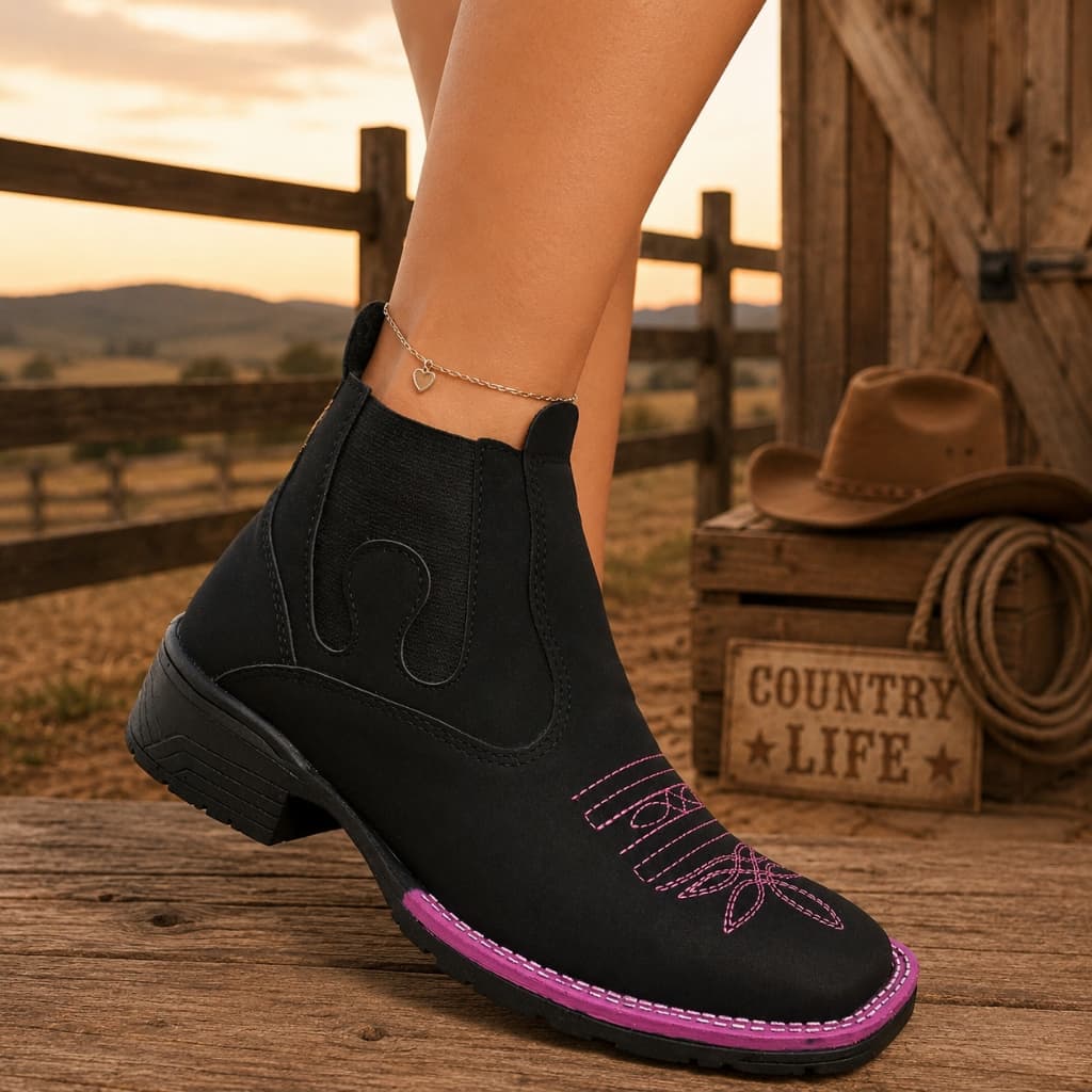 Botinha Feminina Western Bota Texana Bico quadrado Com Bordado
