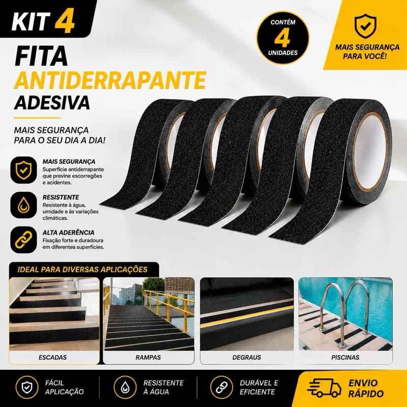 Kit 4 Fita Antiderrapante 5m x 50mm  Ultra Forte Segurança Piso Escada Preta JD18