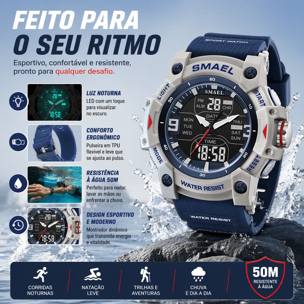 Relógio Esportivo com Dupla Exibição – Digital e Analógico, Luz Noturna LED, Alarme, Cronômetro e 50M Resistência à Água