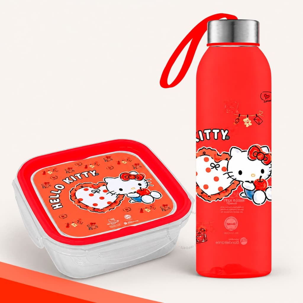 Garrafinha De Água Inox e Pote Hello Kitty Rosa 800ML Plástico Com Tampa Alça Infantil