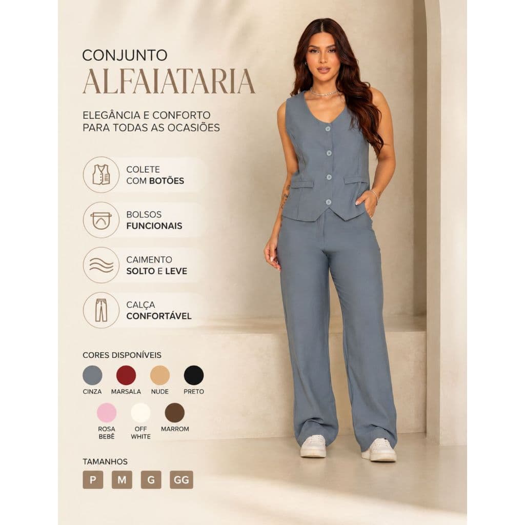 Conjunto Alfaiataria Feminino Elegante 2 Peças Colete Calça P ao GG Versatil Trabalho Escritorio Luxo