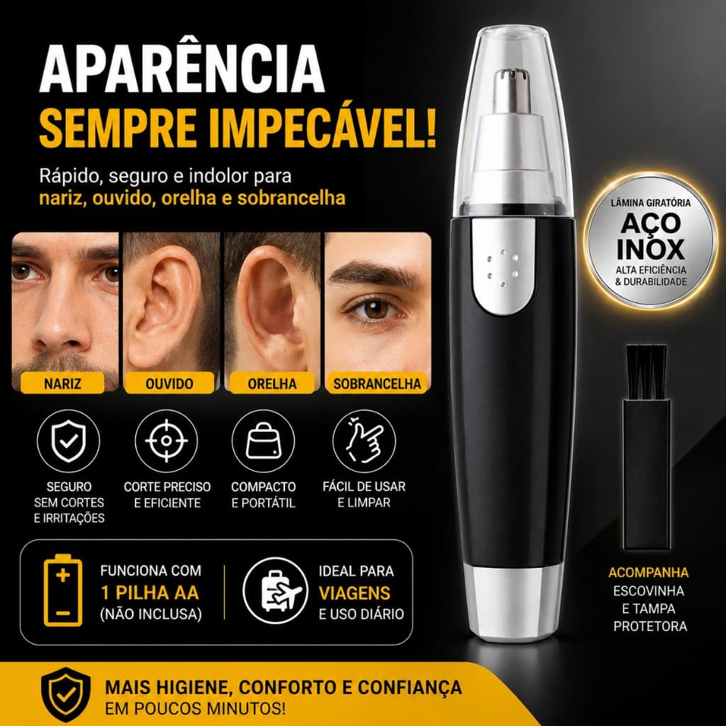 Aparador de Pelos Nariz e Orelha  Aparador Sobrancelha Ouvido Inox Portátil Multifuncional