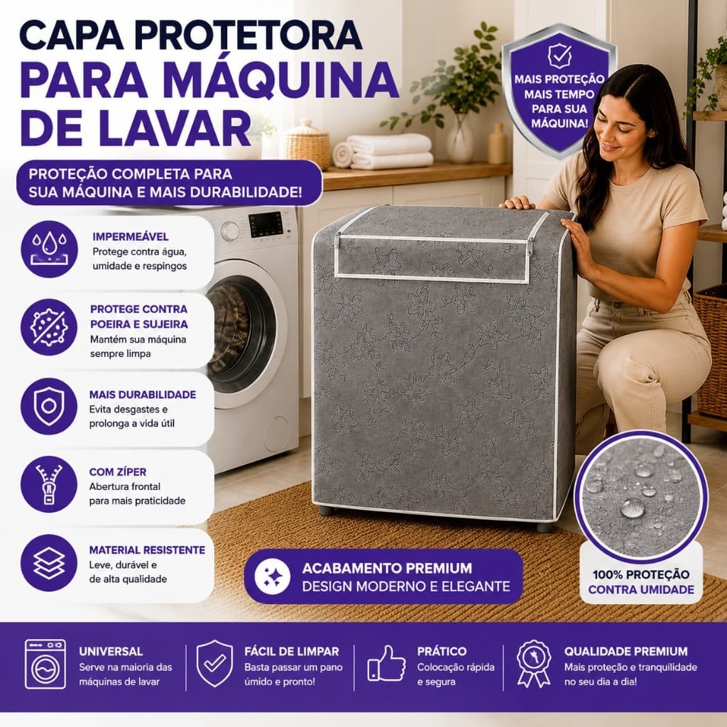 Capa Maquina Lavar Resistente Protecao Ziper Grande Lavagem Cinza