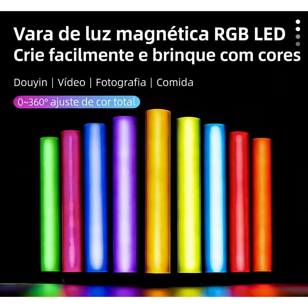 Bastão LED RGB Magnético, Iluminador com Temperatura de Cor 6500K