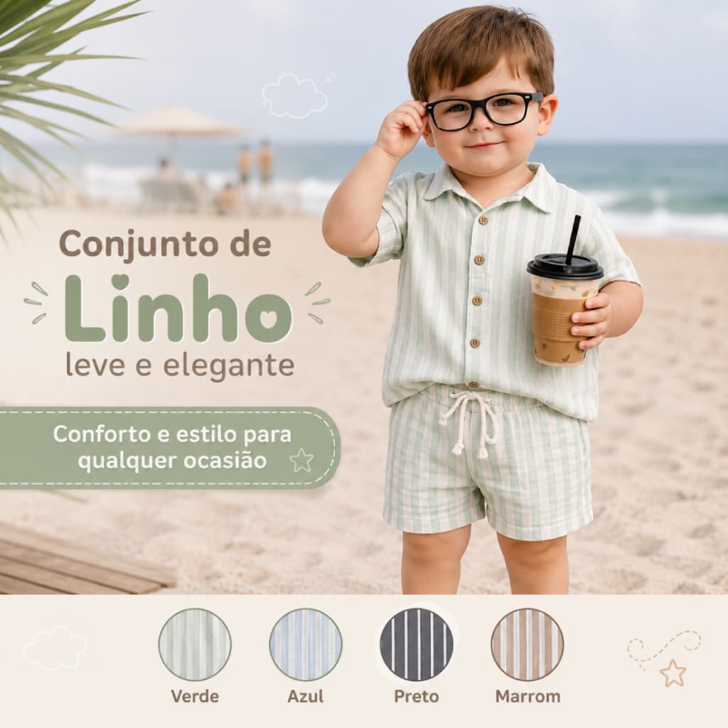 Conjunto Infantil Mauricinho Listrado em LINHO estiloso - camisa de botão