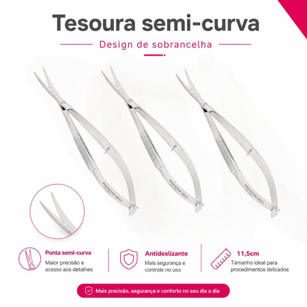 KIT 3 Tesoura Semi Curva Design Sobrancelha Inox Esterilizável Castroviejo Profissional Dilcintia