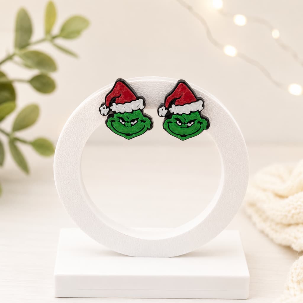 Par De Brinco Grinch Natal Pequeno Tarraxa Verde | Brinco Divertido em Impressão 3D| Verde e Vermelho | Chapéu Natal