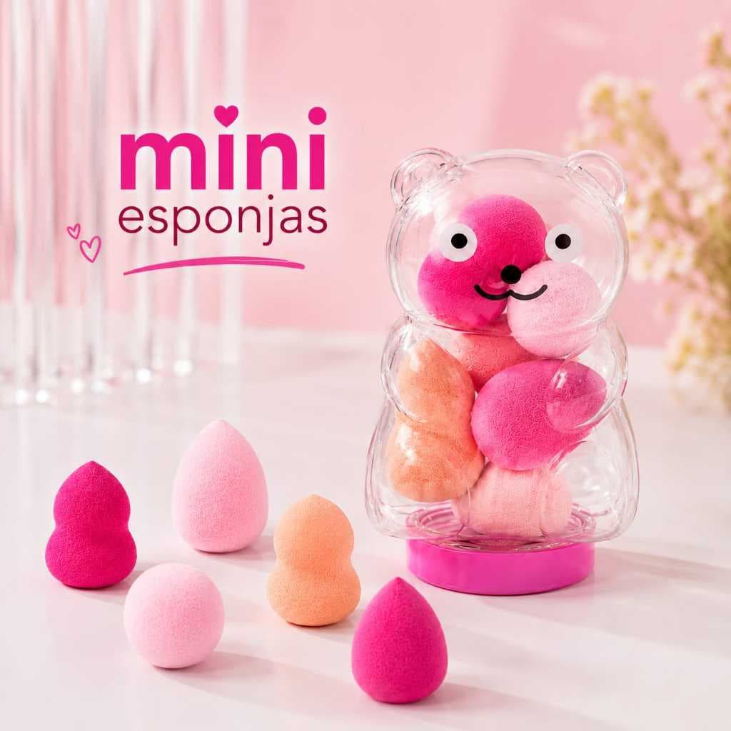 Kit 5 Mini Esponjas de Maquiagem em Pote Urso Transparente com Design Encantador Aplicação Precisa