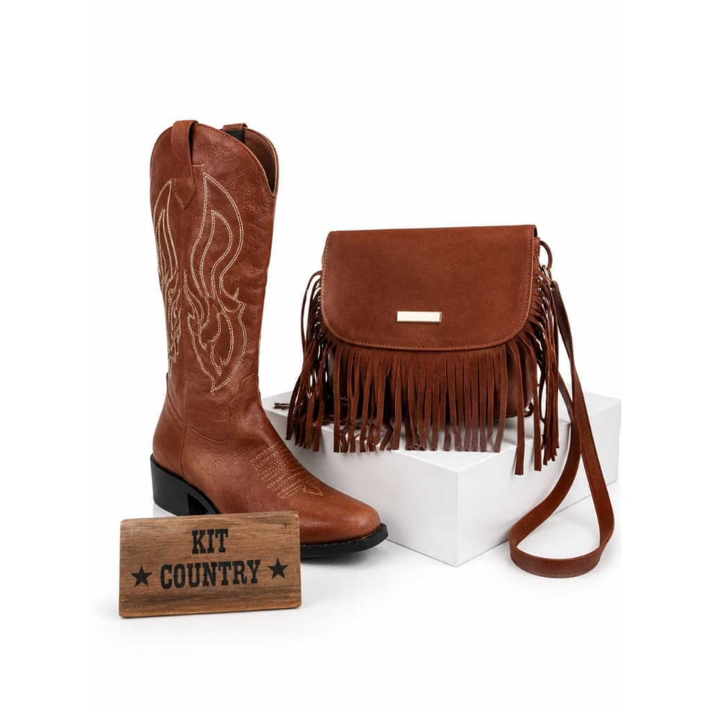 Kit Estilo Feminino - Bota Texana Cano Alto + Bolsa de franja Estilo Western Rodeio
