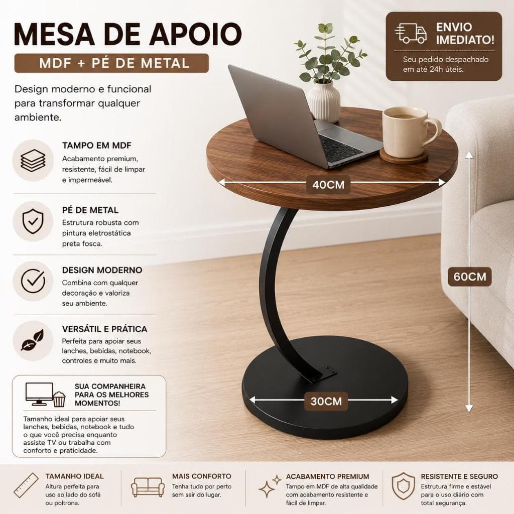 Mesa Lateral Apoio Grande 39,5x59,5 Redonda Canto Quarto Mdf Pé De Metal Casa Branco Madeira