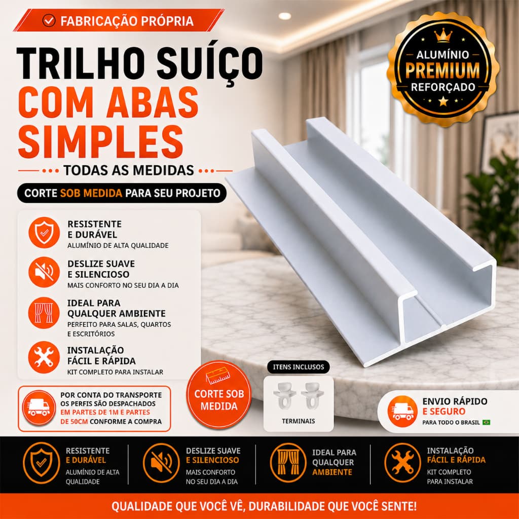 Trilho Suíço Simples Maxi Branco Para Cortina Alumínio Com Abas Alta Resistência