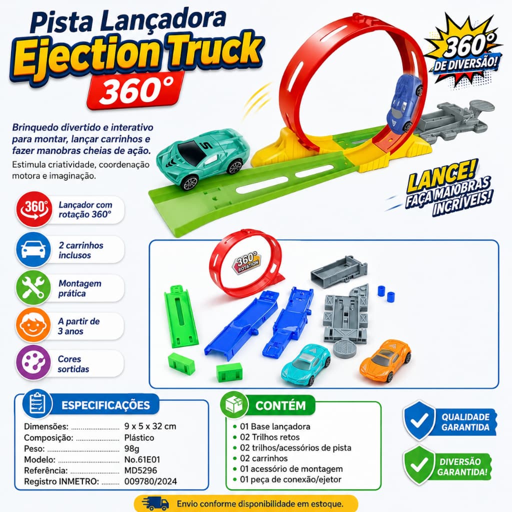 Pista Lançadora Carrinho Infantil Ejection Truck Giro 360 com 2 Carrinhos 3 Anos