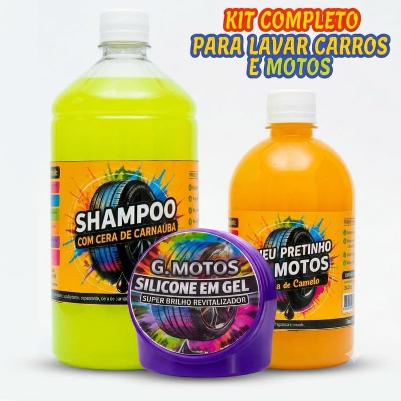 Kit Lavagem Completa Carro Moto Shampoo com Cera De Carnaúba 1L + Pretinho Baba Camelo 500ml + Silicone Em Gel