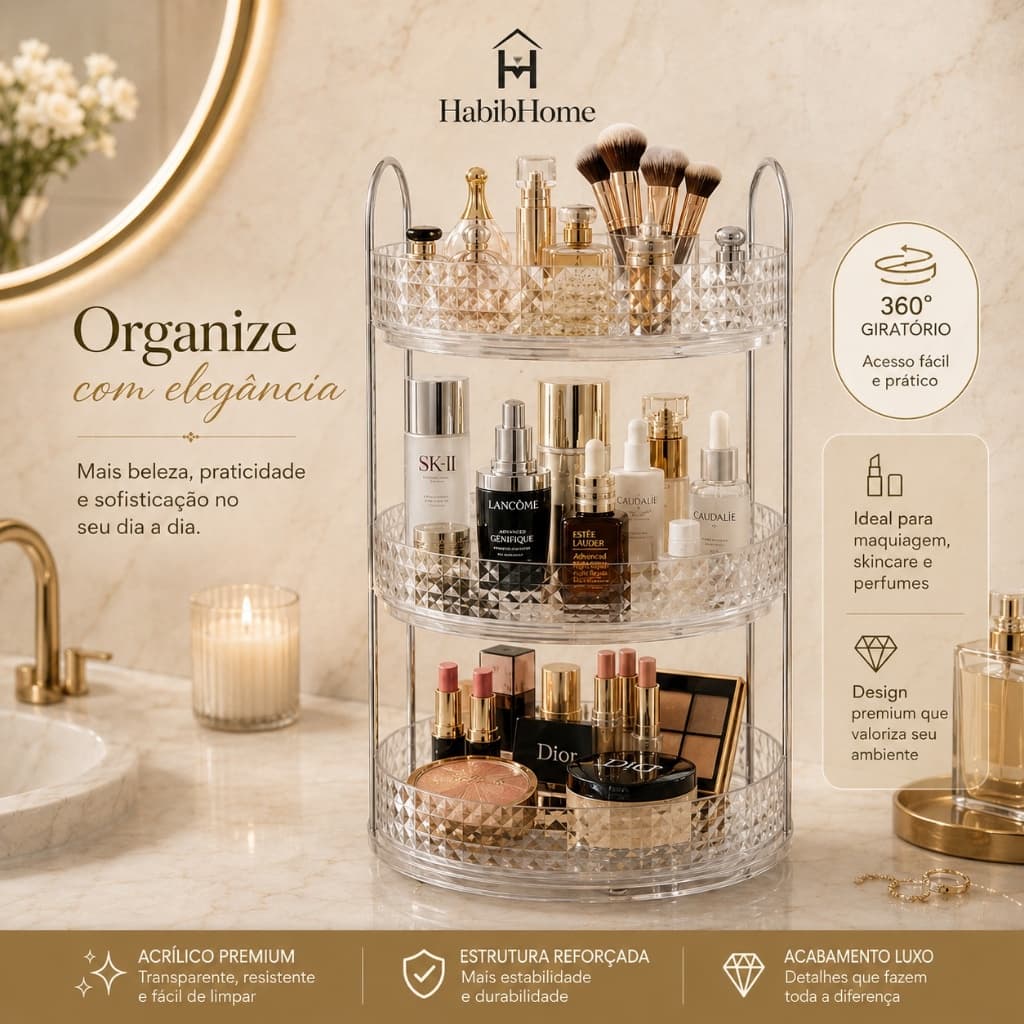 ✨ Organizador de Maquiagem e Skincare 2 Andares–Acrílico Premium + Rotação 360° Dourada/ Prata/Fume