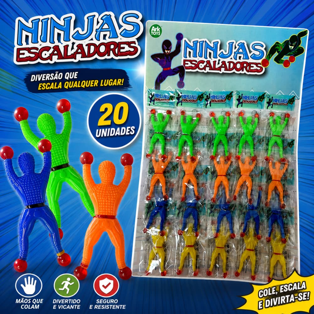 20 Unidades Boneco Ninja Gruda Parede Homem Geleca Cartela brinquedo brinde festa junina criança