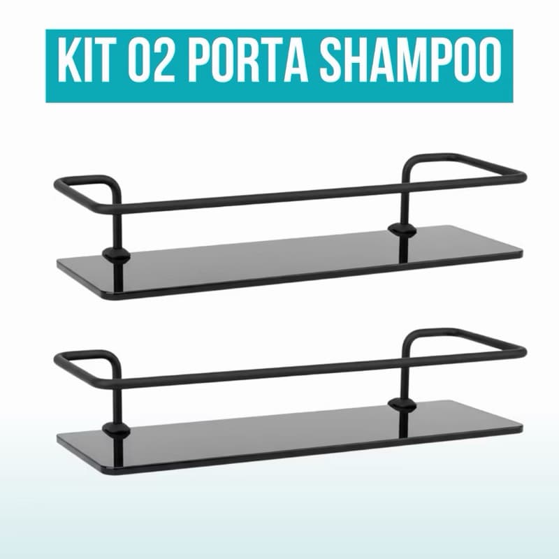 Kit 2 Porta Shampoo Reto Preto com Vidro Fumê – Nicho para Banheiro Moderno
