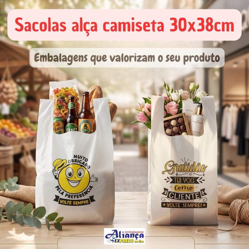 Sacolas Plásticas 30x38cm alça camiseta PEAD Estampadas Aliança Embalagens