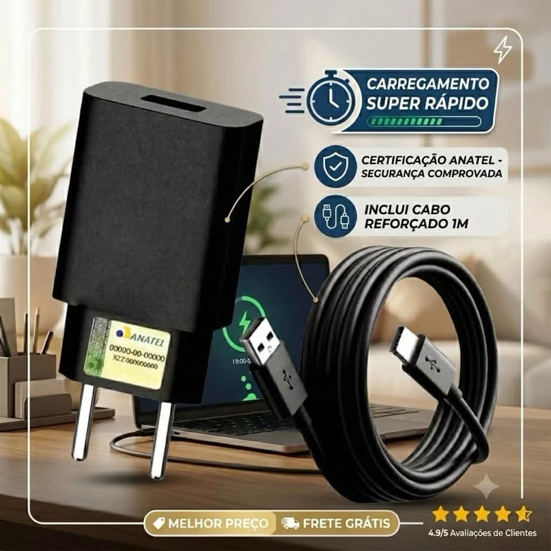 Carregador Turbo Power Motorola + Cabo USB-C Carregamento Rápido