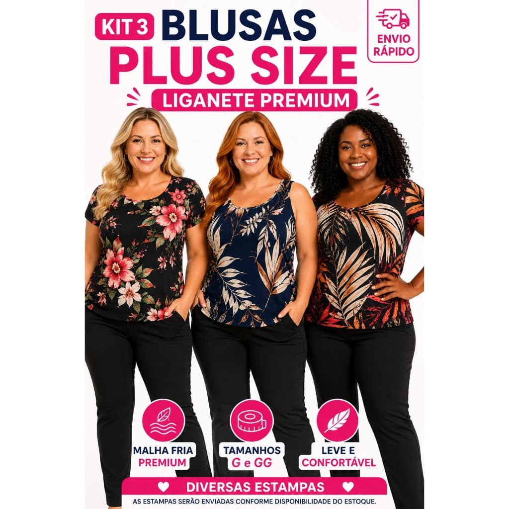 Kit 3 Blusas Femininas Plus Size Liganete Premium Manga Curta Regata Estampada Malha Fria G GG