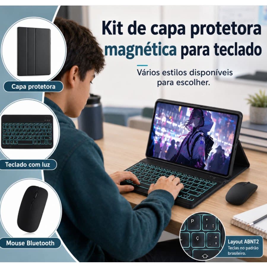 Capa para iPad 9ª/8ª/7ª/Air3 10.5"/Air11"(M2M3) /11ª A16/10ªTeclado magnético Bluetooth ABNT2 luminoso e mouse sem fio