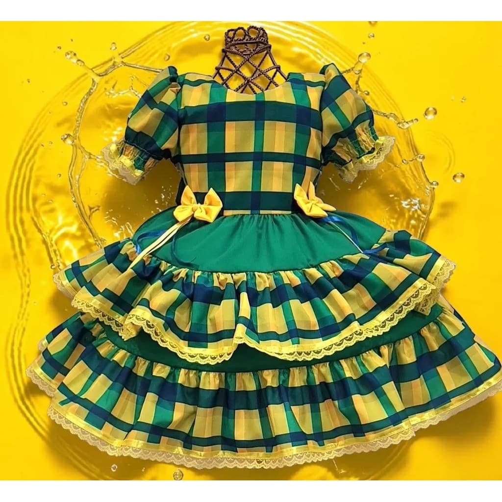 Vestido Infantil Brasil Copa Mundo Xadrez Colorido Festa Junina Luxo