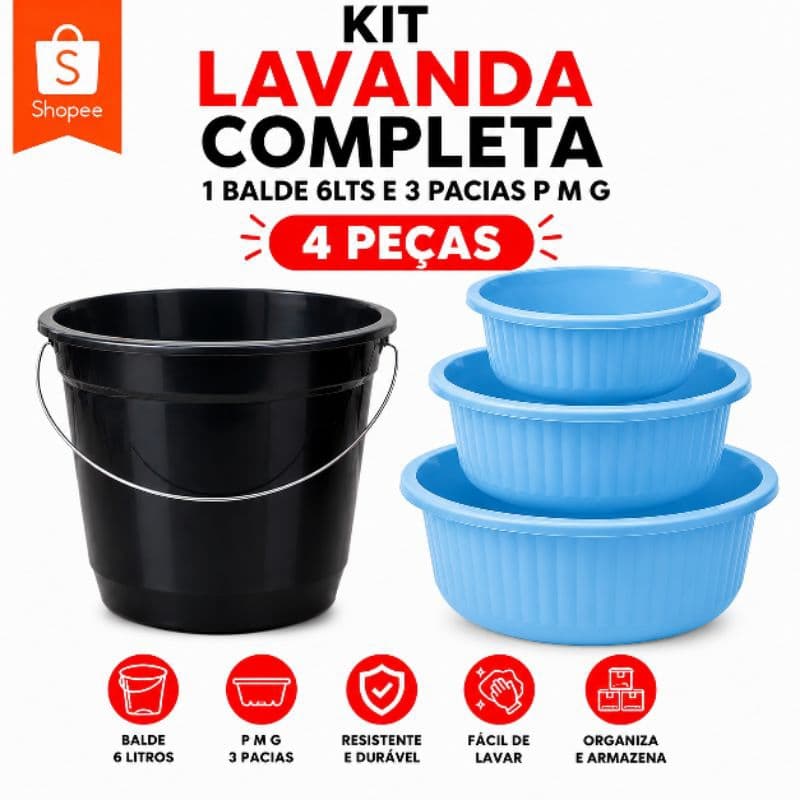Kit Lavanderia 4 Peças Balde 6 Litros e 3 Bacias P M G Plástico Reforçado para Limpeza e Organização da casa