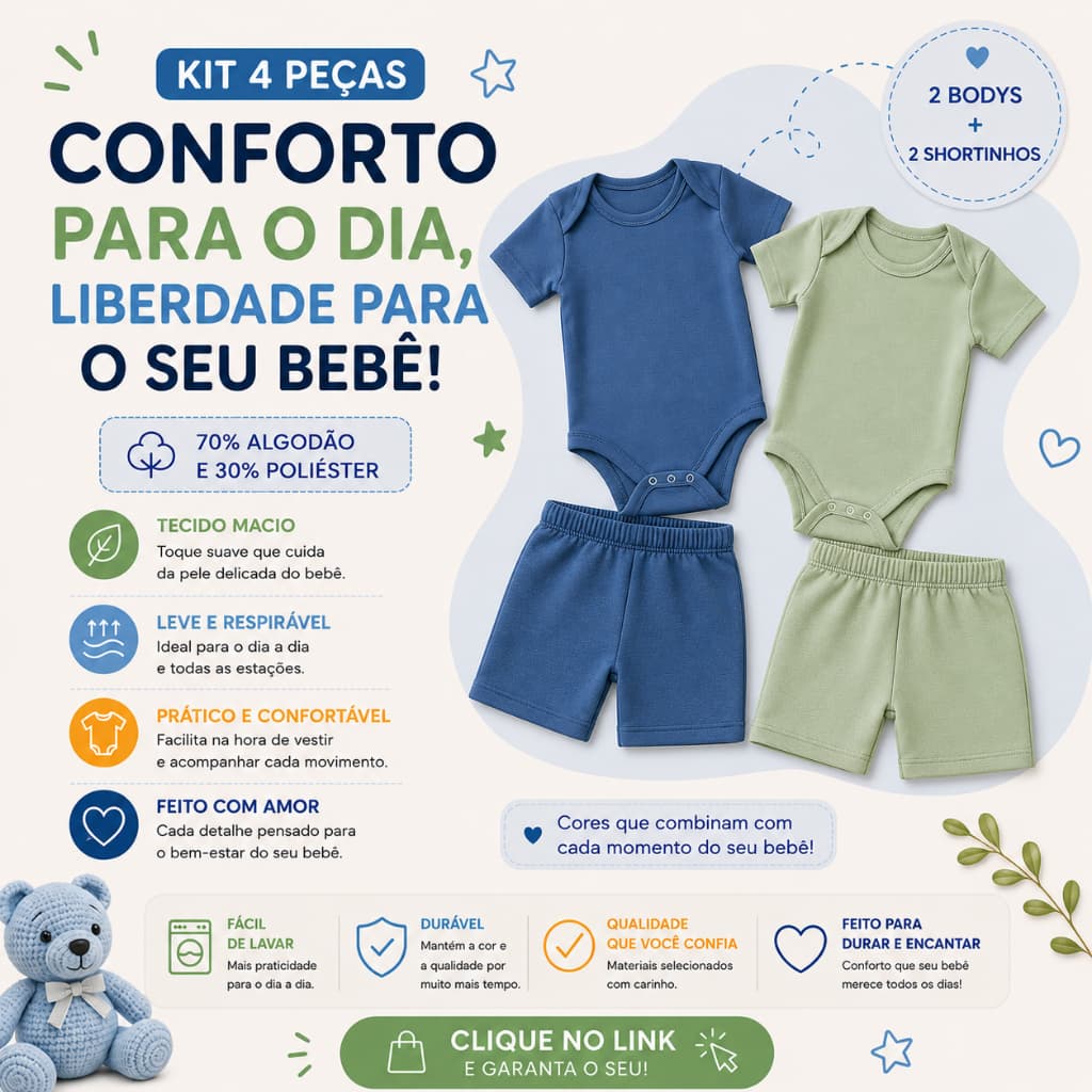 kit 4 peças Body + Shortinhos Menina e Menino Manga Curta verão para bebe infantil shorts e body