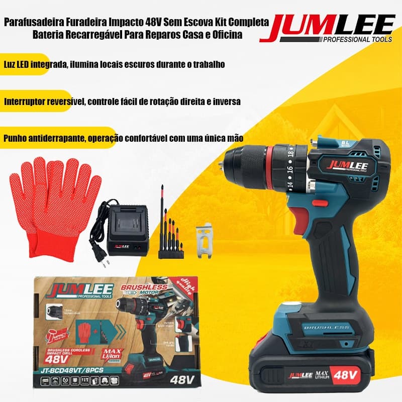 Furadeira e Parafusadeira Sem Fio JUMLEE 21V Motor Sem Escova com Kit Completo de Brocas - Ideal para Casa, Oficina