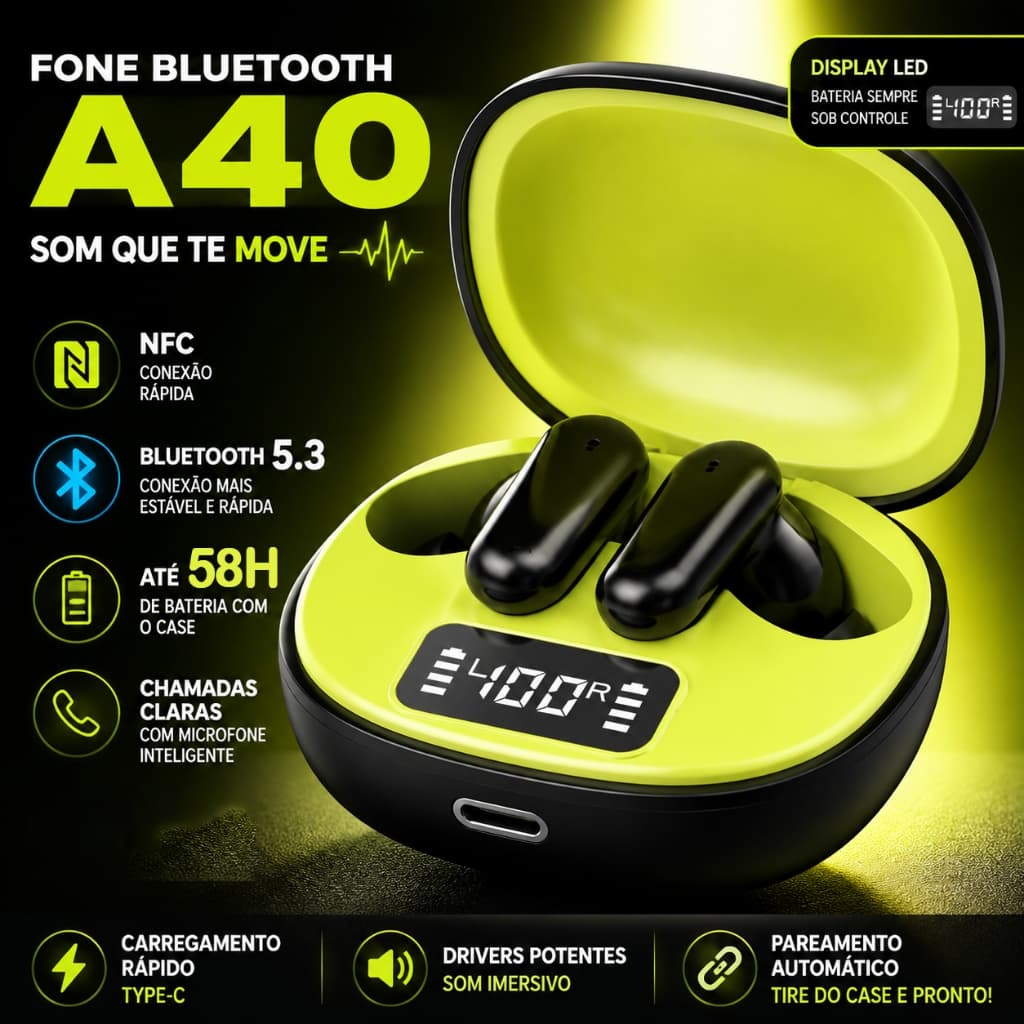Fone De Ouvido Sem Fio A40 TWS Bluetooth 5.3 Com ANC Visor LED e Bateria de longa duração 58 horas