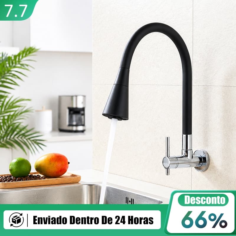 Torneira cozinha parede preta flexível Duplo Jato Cone 1/4 de Volta