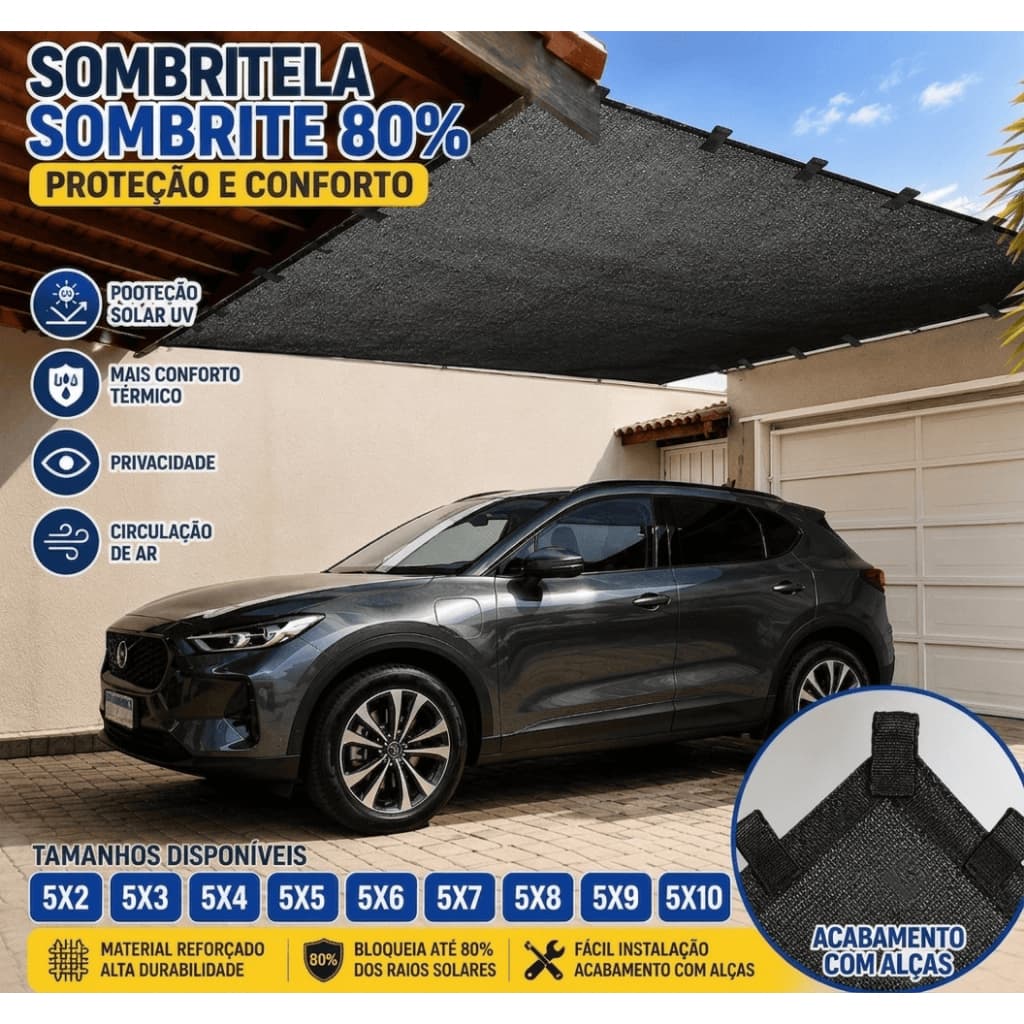 Sombretela Sombrite 80% 5x4 5x5 5x6 5x7 5X8 Cobertura Garagem Carro Moto Proteção Solar UV C/ Alças