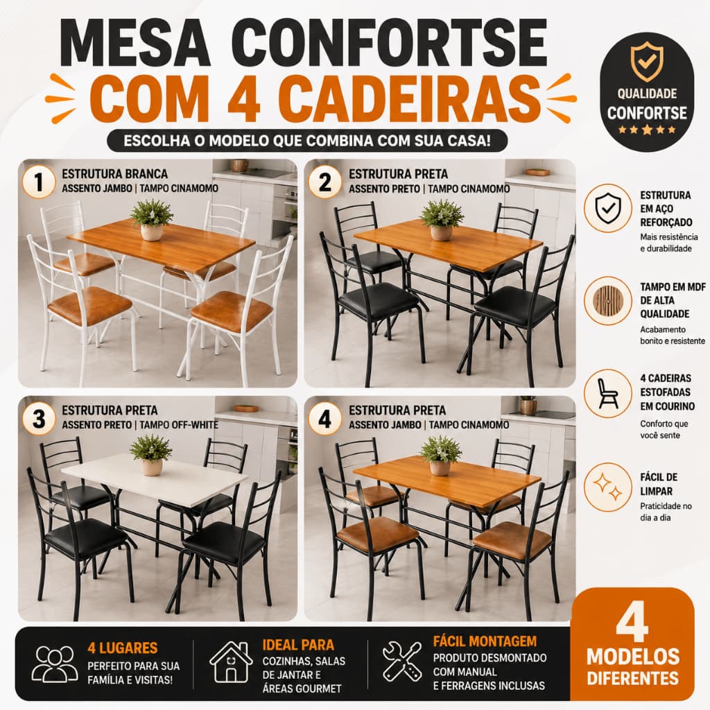Conjunto Mesa de Jantar 4 Cadeiras Confortse Aço MDF Estofadas